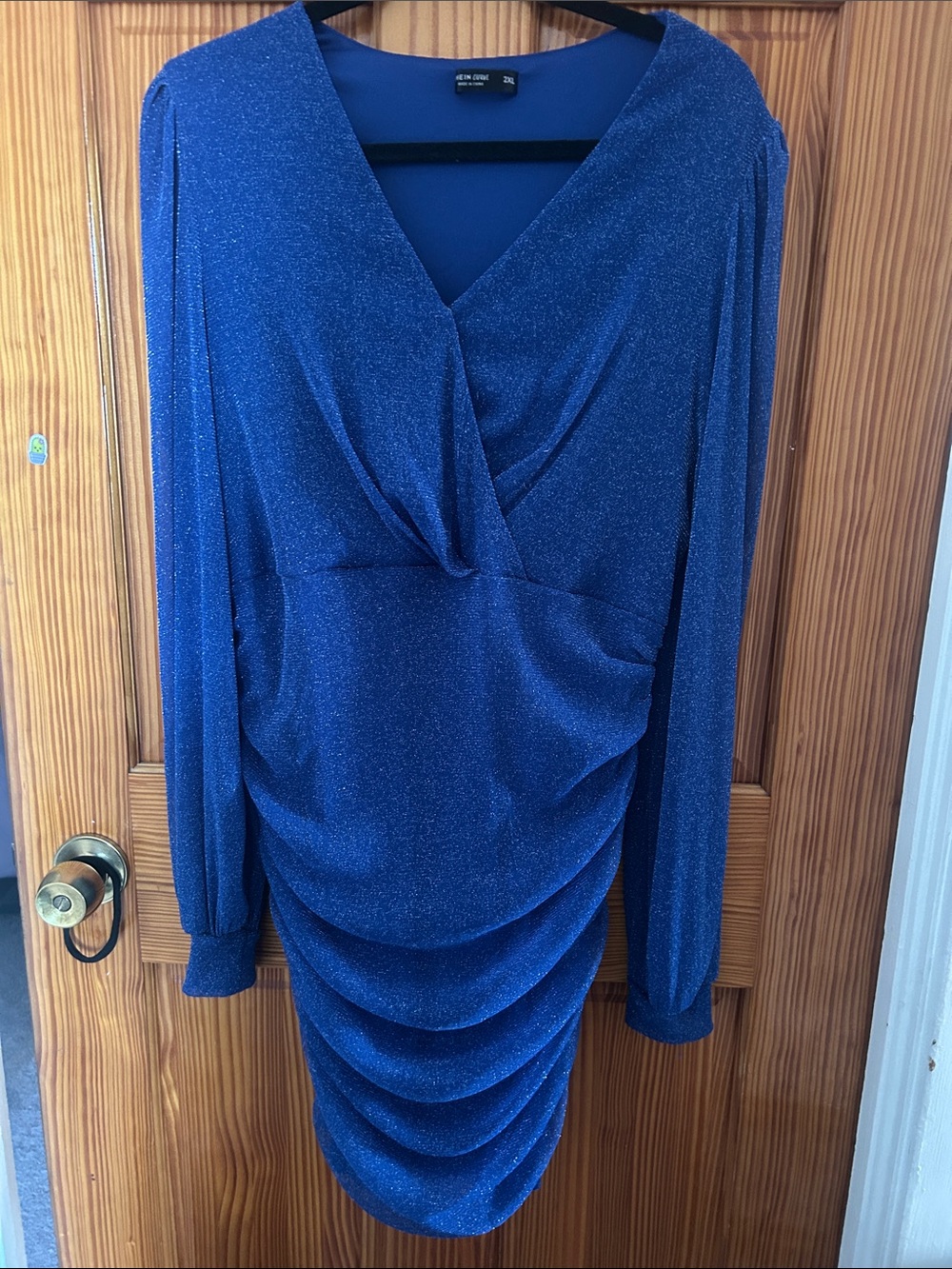 SHEIN Metallic Sequins Royal Blue Draped Ruched Long Sleeve Mini  Dress